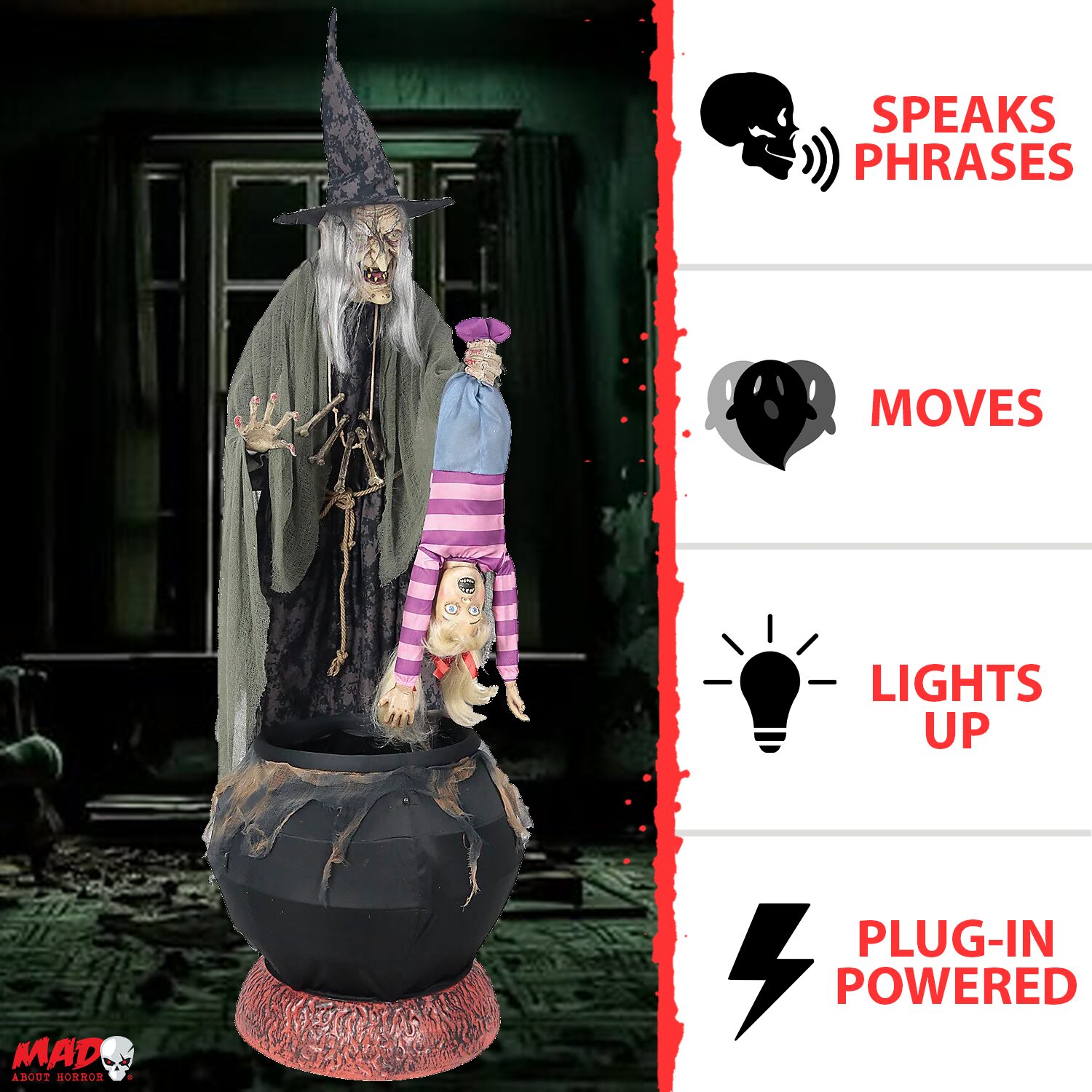 Sorcière d'Halloween animatronique préparant une potion de 2 mètres