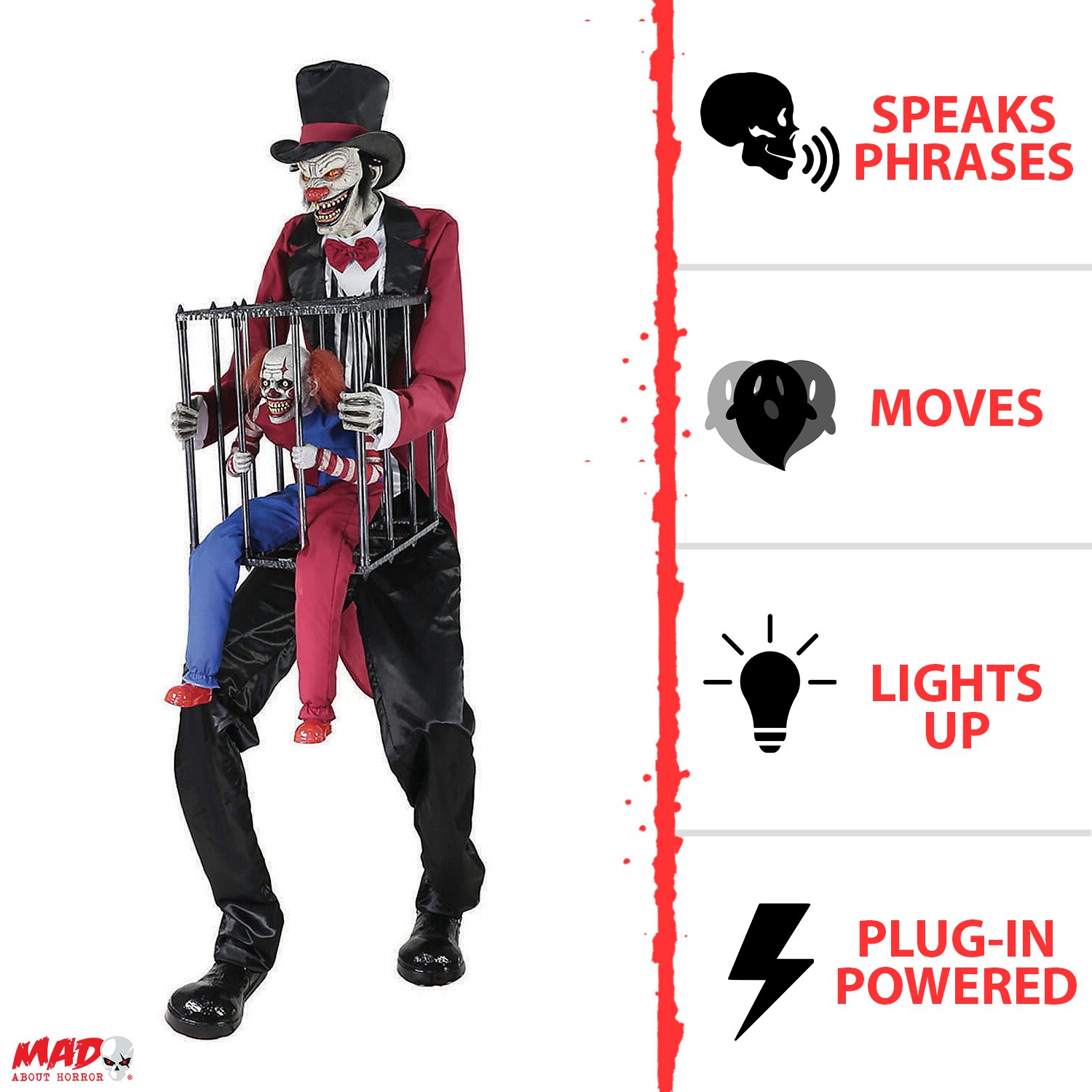 Verrotteter Zirkusdirektor mit eingesperrtem Clown animierte Halloween-Requisite