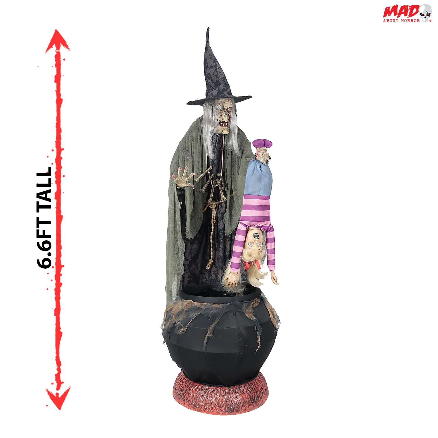 Sorcière d'Halloween animatronique préparant une potion de 2 mètres