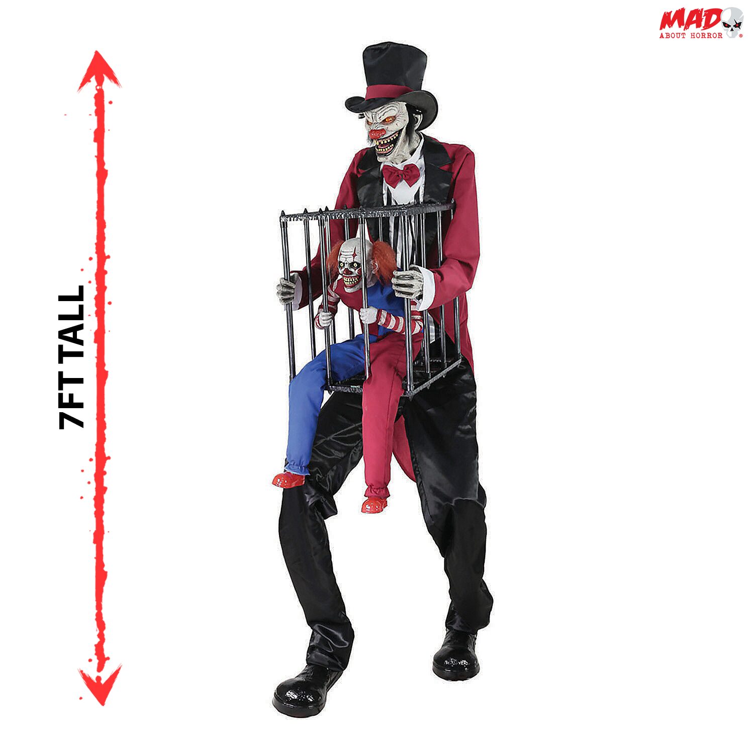 Verrotteter Zirkusdirektor mit eingesperrtem Clown animierte Halloween-Requisite