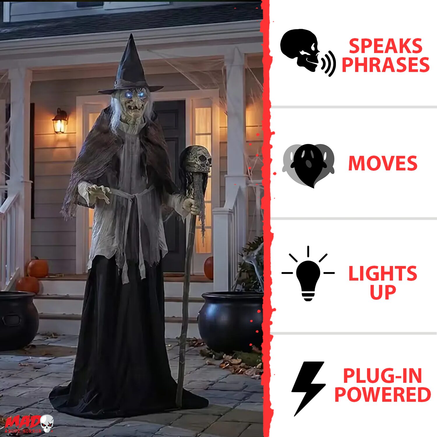 6 Fuß große, sich vorwärts beugende Hexe mit DIGITEYES animierter Halloween-Requisite
