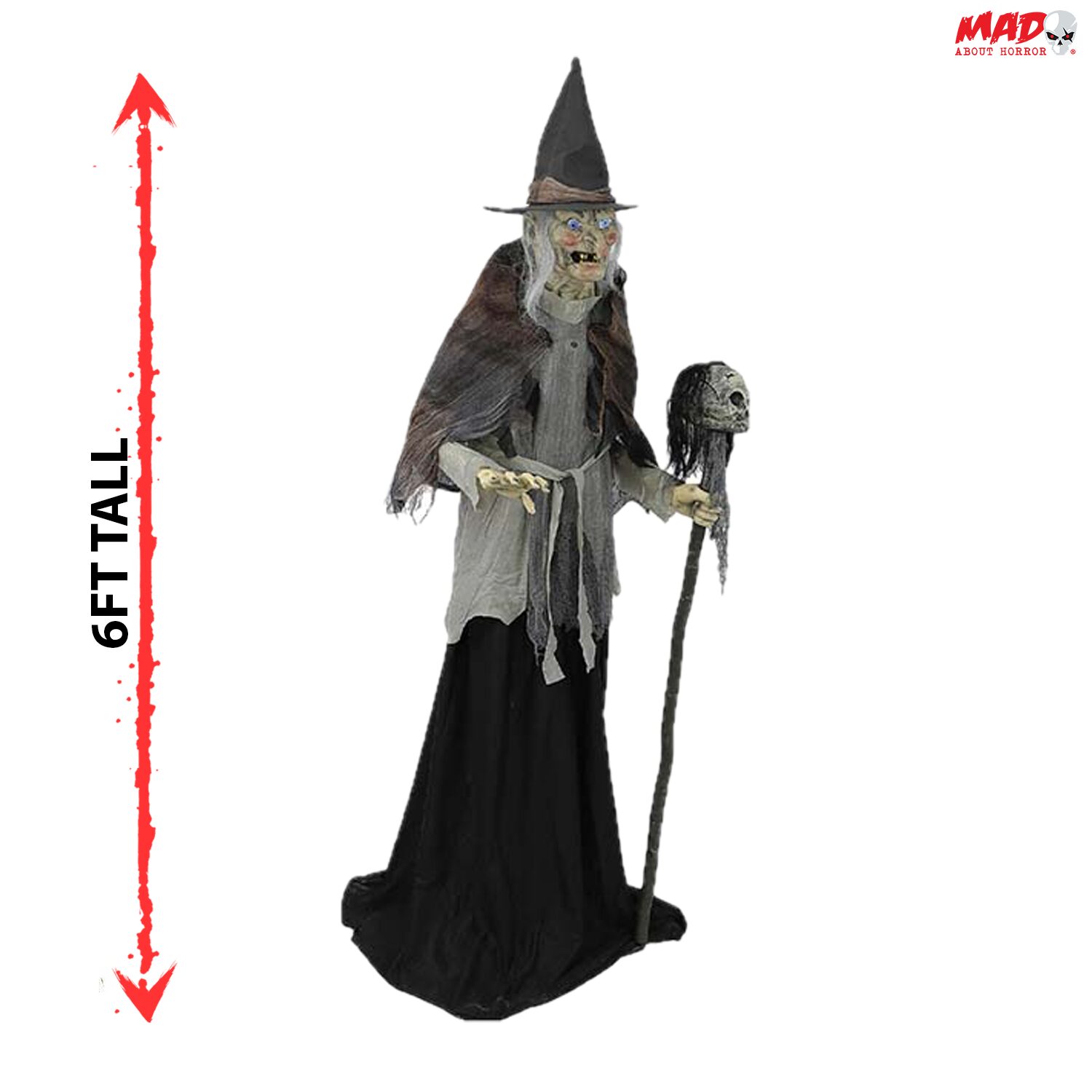 6 Fuß große, sich vorwärts beugende Hexe mit DIGITEYES animierter Halloween-Requisite