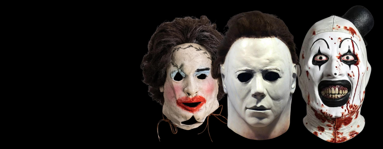 Three iconic horror latex masks displayed against a black background