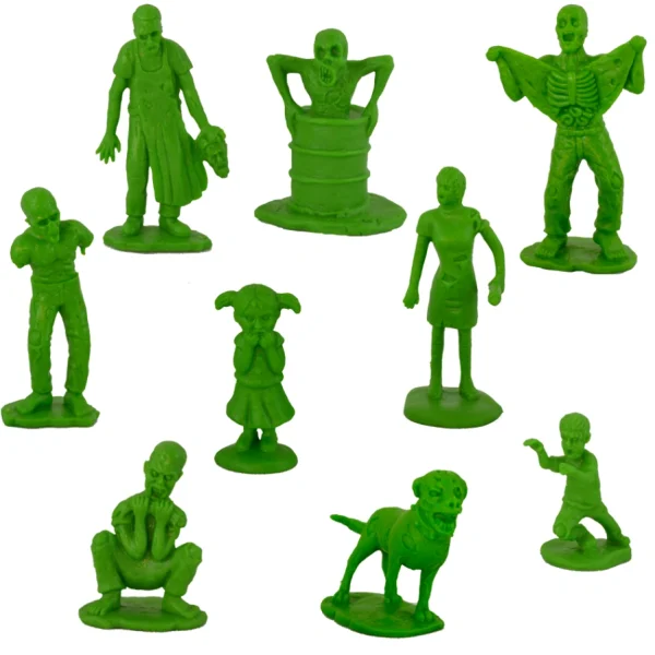 A set of small green zombie action figures in various different poses.