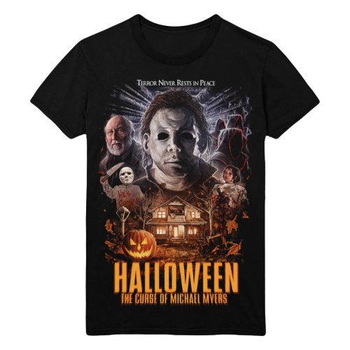 Gutter Garbs Halloween T-Shirt mit Michael Myers und der Aufschrift 'Terror Never Rests in Peace'.
