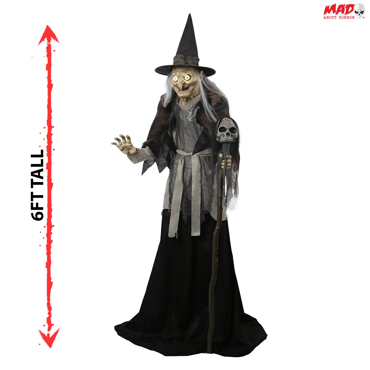 6 Fuß lange, aufgerichtete, gehagelte Hexe, animierte Halloween-Requisite