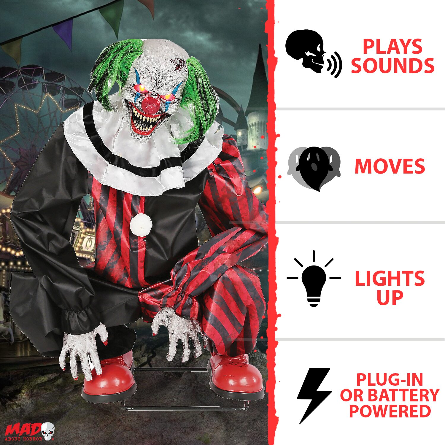 Accessoire d'Halloween animé de clown accroupi rouge
