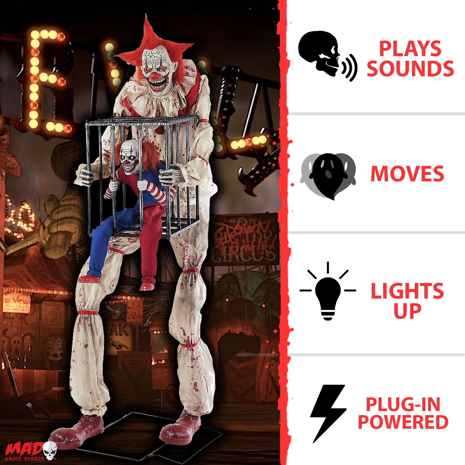 Animatronique d'Halloween Clown Cagey avec clown en cage de 2,13 m