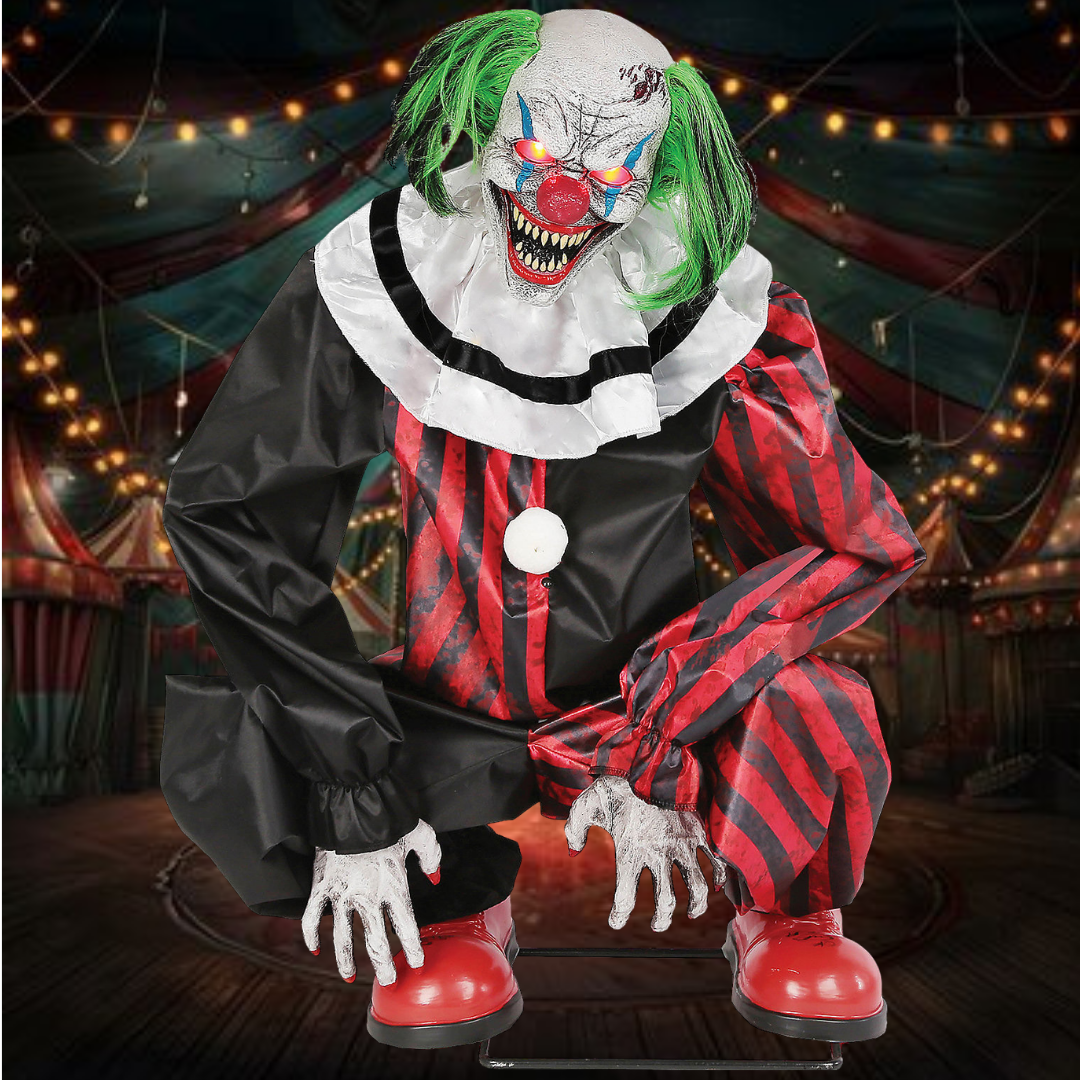 Red Crouching Clown Animated Halloween Prop
