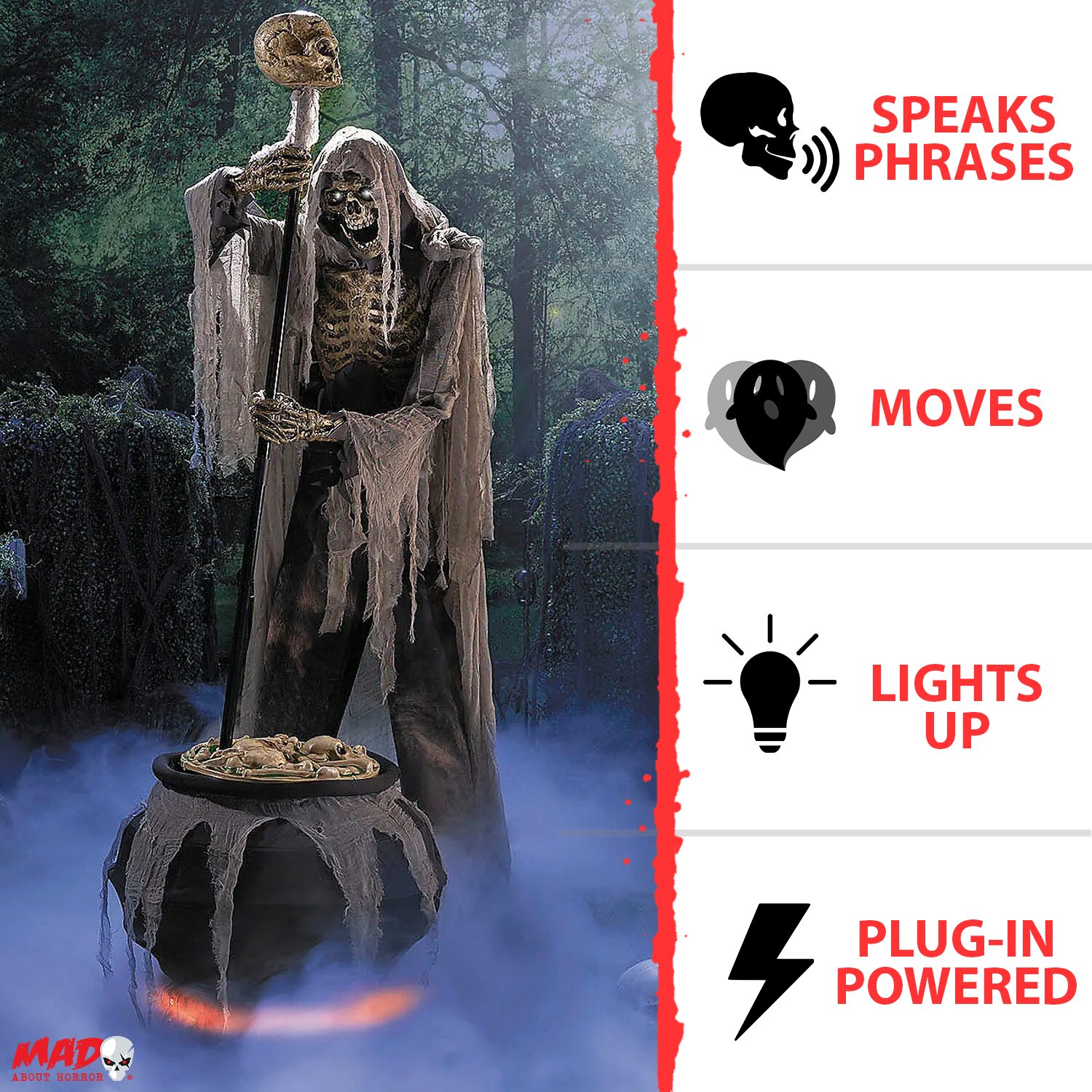 6.5ft Cauldron Stirring Skeleton Animated Halloween Prop