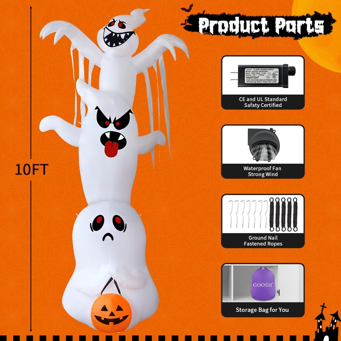 10ft Halloween Inflatable Light Up Ghost Trio