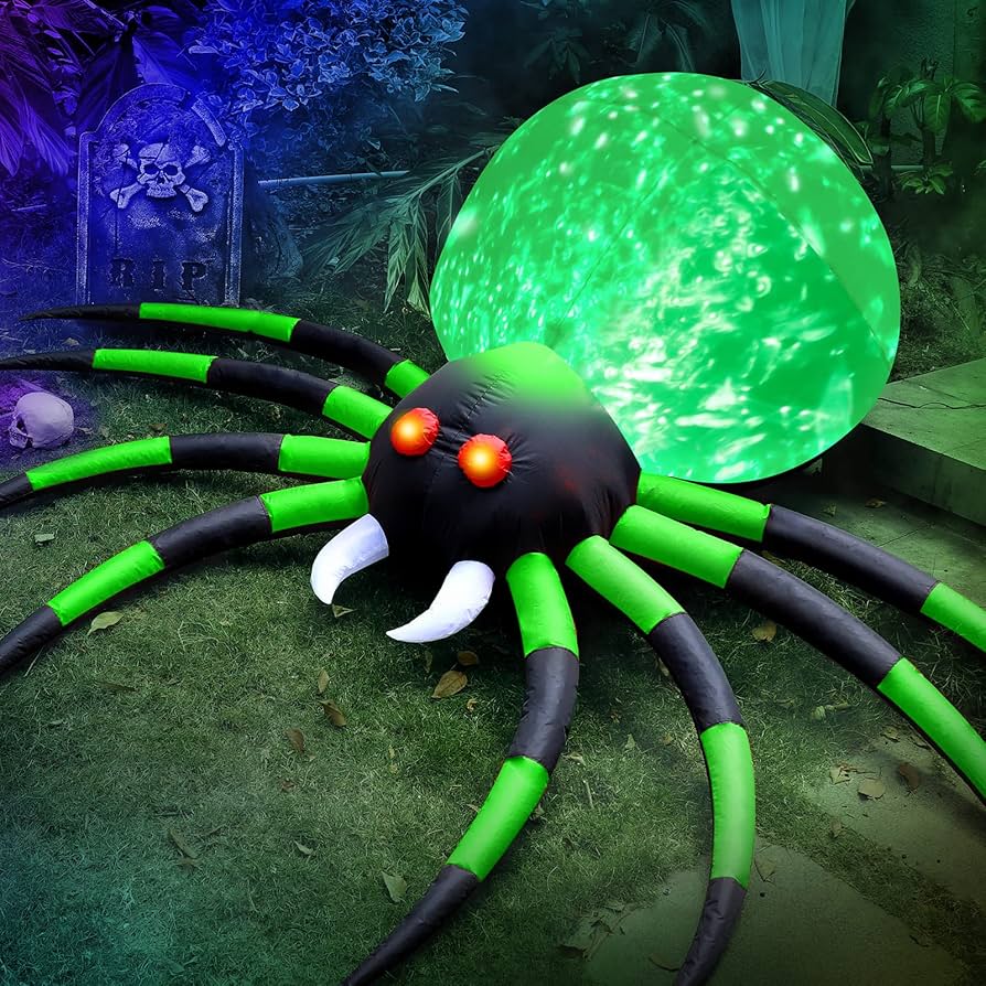 8ft Halloween Inflatable Light Up Green & Black Spider