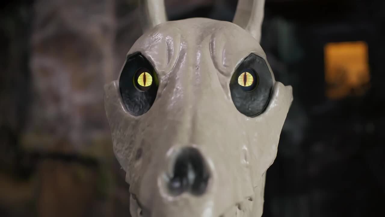 5ft Skelly's Sitting Dog with LCD Eyes Animatronic