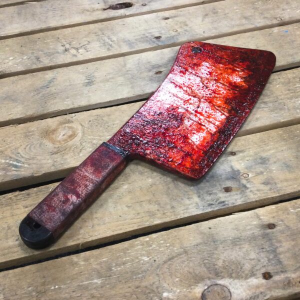 A PU foam bloody meat cleaver designed for Halloween.