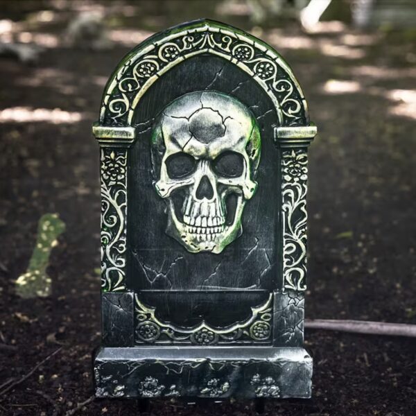 21" Light-Up Plastic Tombstone With Skull Decoration