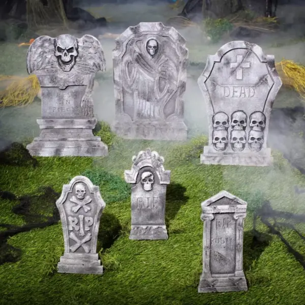 Ein gruseliges Friedhof 6-teiliges Grabstein-Set für Halloween