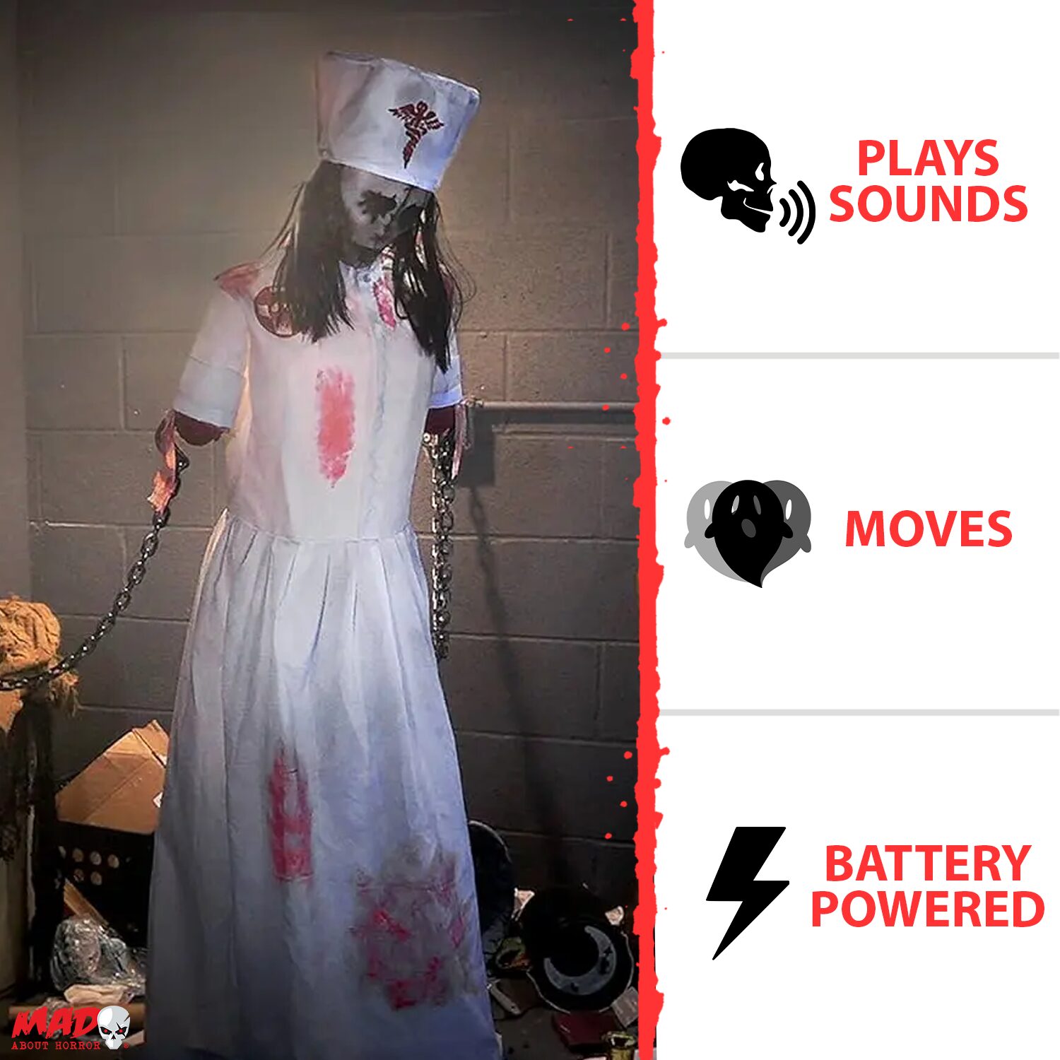 Infirmière d'asile animatronique Halloween de 1,58 m qui convulse