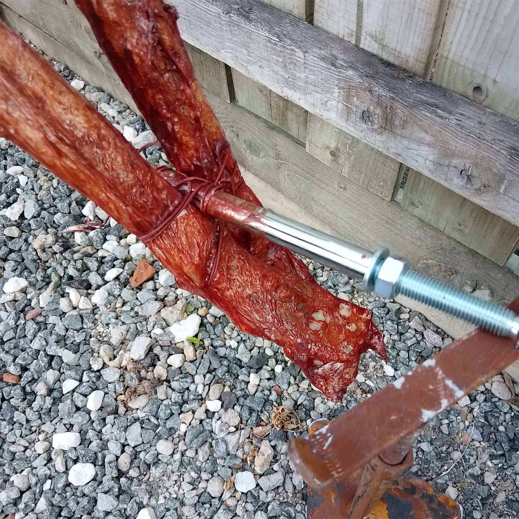 Lebensgroßes enthäutetes Skelett am Spieß