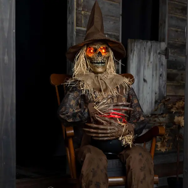 Animiertes Halloween-Requisit: Schwabblingende Agnes, die sitzende Vogelscheuche