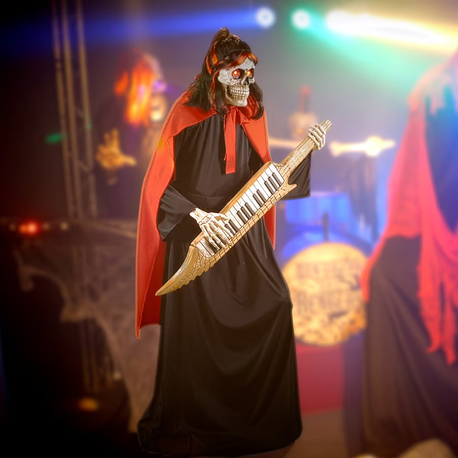 5,5 Fuß großer Skelett-Schnitter-Keytar-Spieler Halloween-Animatronic