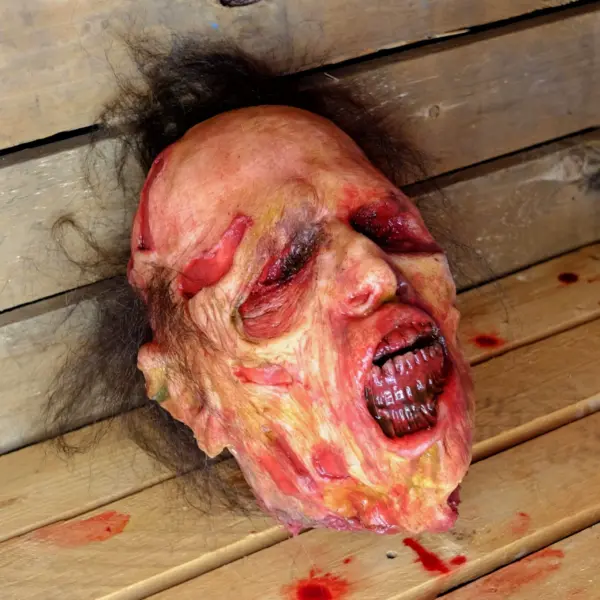 A realistic severed rotten head halloween decoration.