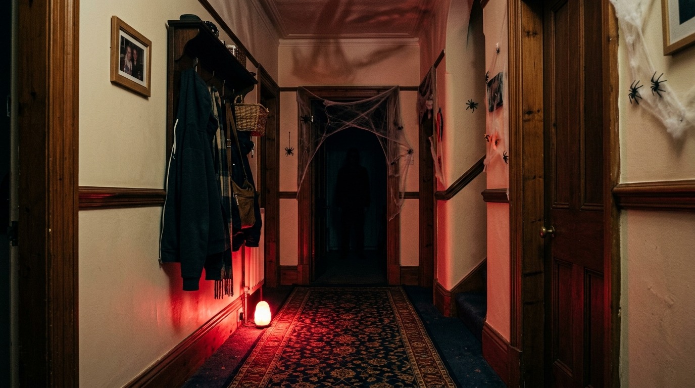Halloween-decorated hallway lit with red uplighting and stretched cobwebs