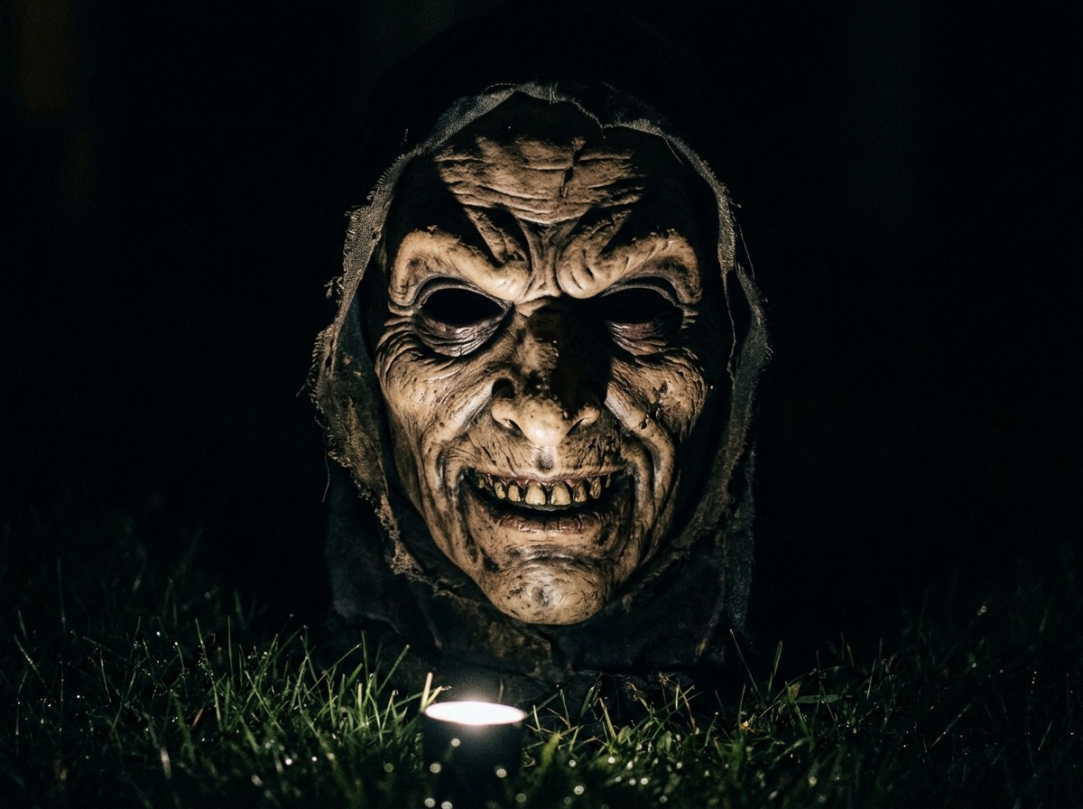 Halloween prop face lit from a light source on the ground below, casting shadows upward