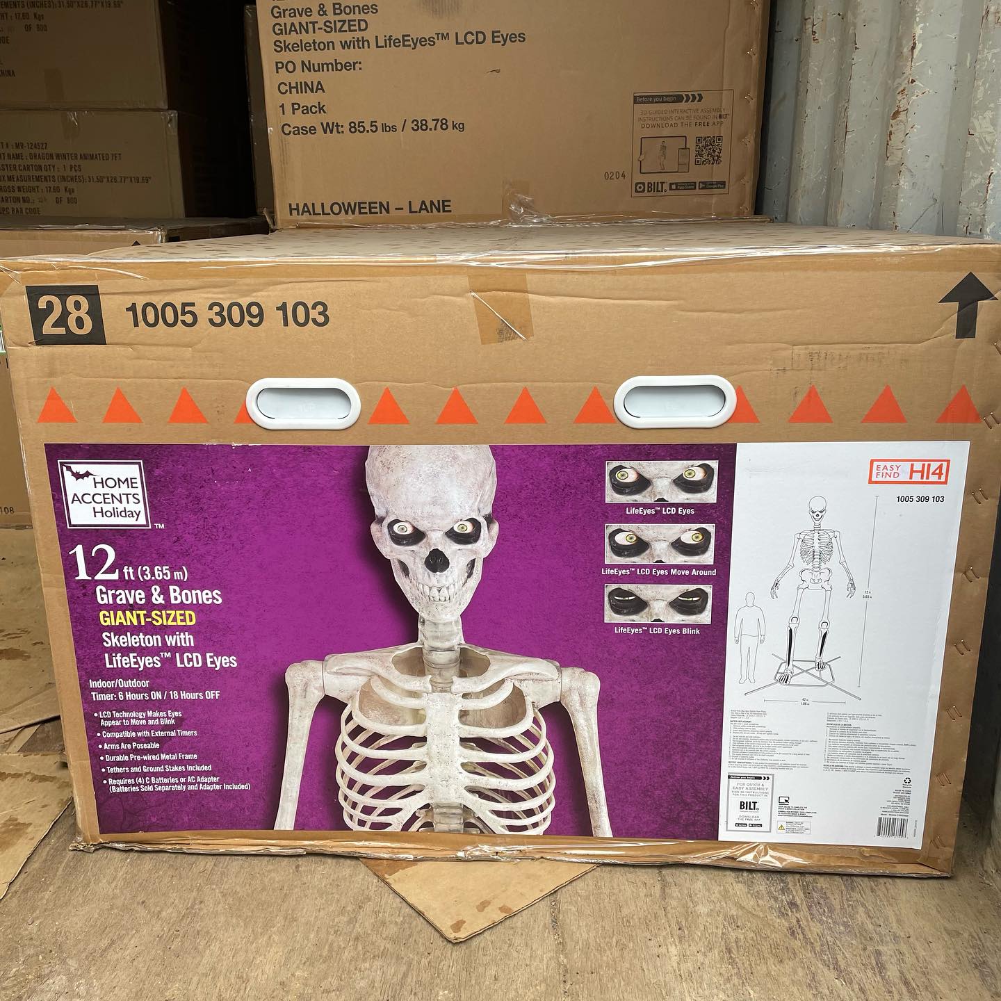 Boxed 12ft Grave and Bones giant skeleton in its packaging in the Beverley stockroom