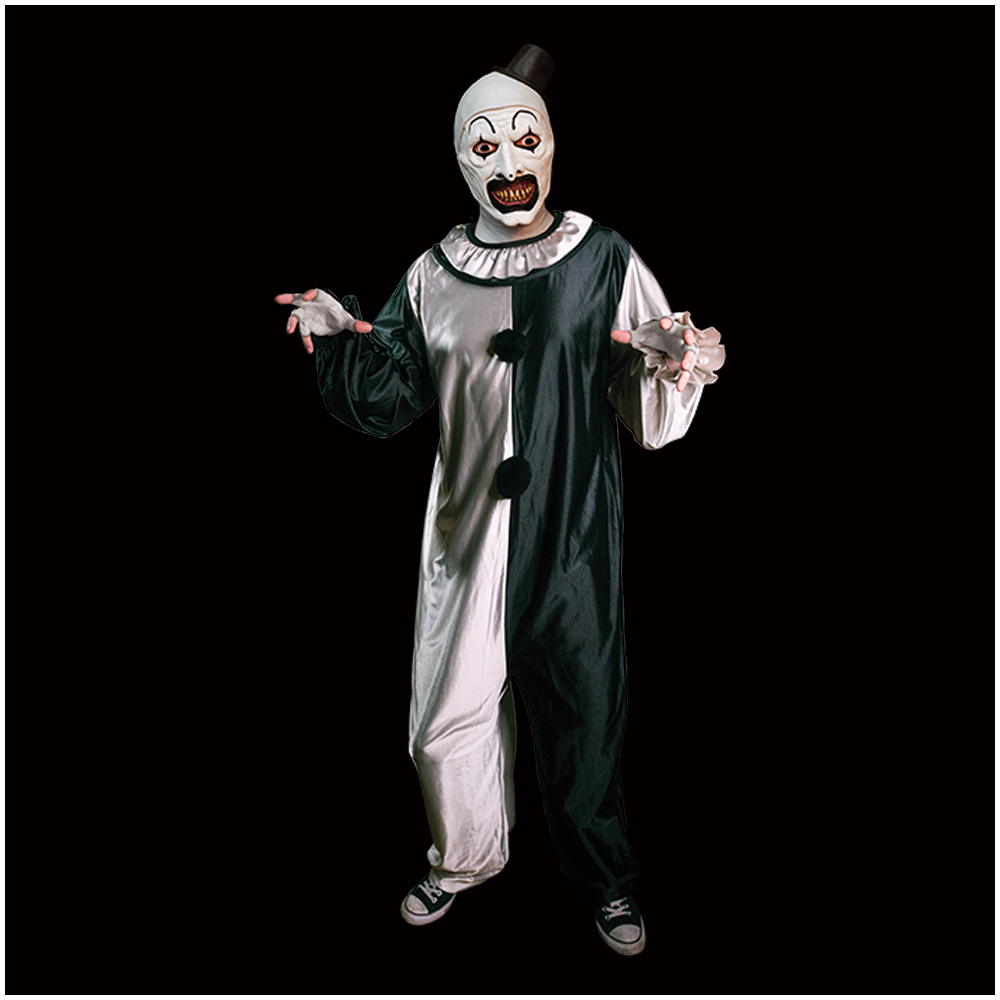 Full-length Art the Clown costume worn on a model, showing the split harlequin jumpsuit, ruffled collar and cuffs